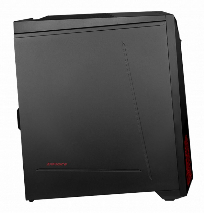 Czarna obudowa komputera z czerwonym tekstem 'Infinite'. Bok ma unikalny design z widocznym czerwonym oświetleniem.