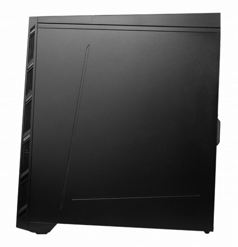 Czarna obudowa komputera, widok z boku. Czarny z przekątną linią. Białe tło.