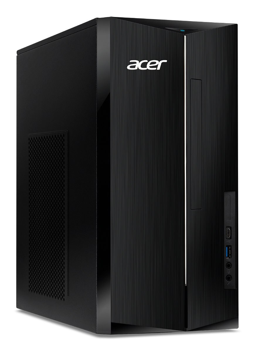 Czarna obudowa komputera Acer. Logo Acer znajduje się z przodu. Ma panel boczny z siatki.