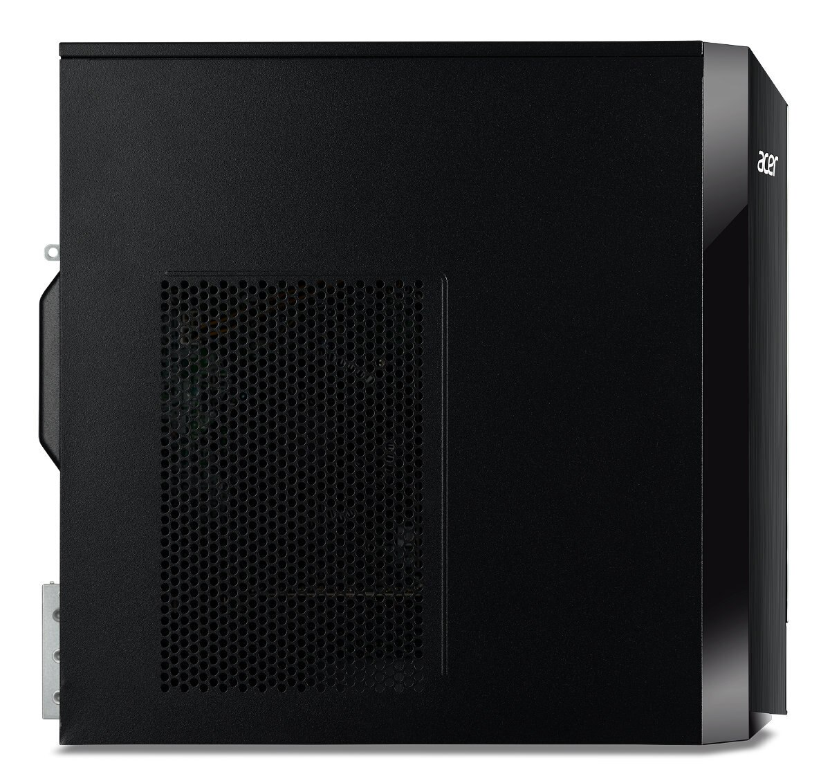 Czarna obudowa PC, widok z boku. Ciemna z detalem wentylatora i logo Acer. Na białym tle.