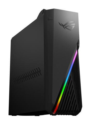 Czarny komputer do gier z kolorowymi światłami z przodu, widok pod kątem.