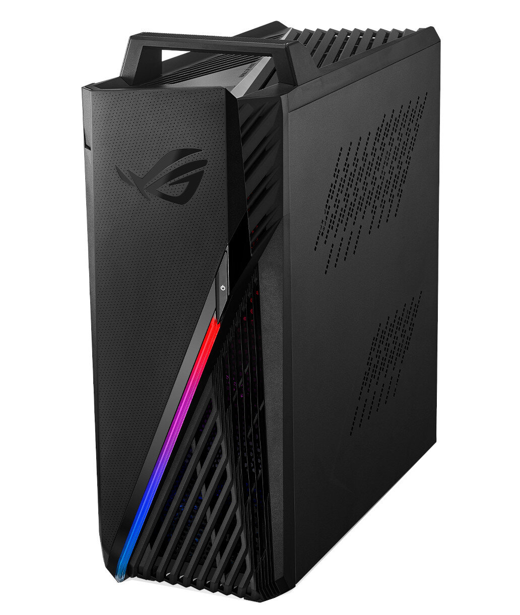Czarna obudowa komputera z uchwytem. Ma siatkową konstrukcję i kolorowe światło LED.