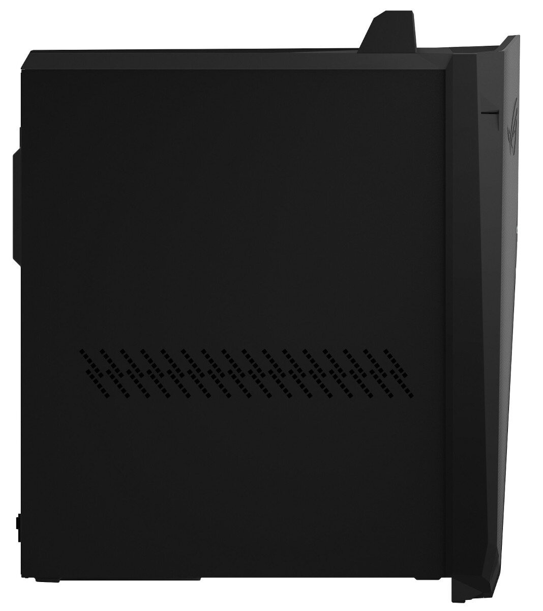 Czarna obudowa komputera z logo ROG i otworami wentylacyjnymi. Widok z boku.