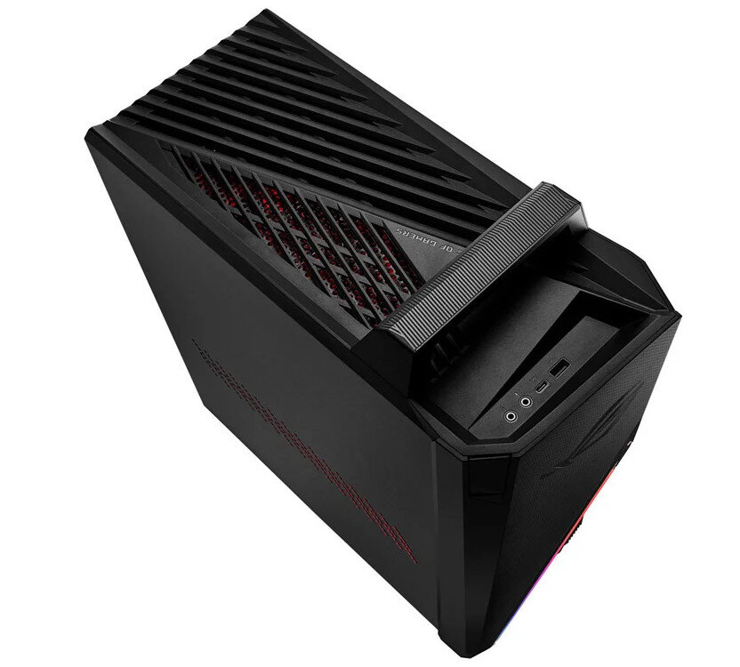 Czarna obudowa komputera do gier ROG, widok z góry, z uchwytem i czerwonym oświetleniem.