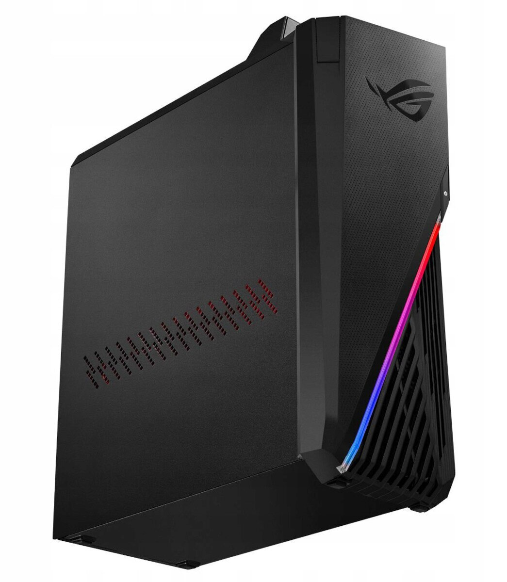 Czarna obudowa komputera do gier z logo ROG. Ma ukośny wzór z czerwonymi akcentami i otworami wentylacyjnymi.