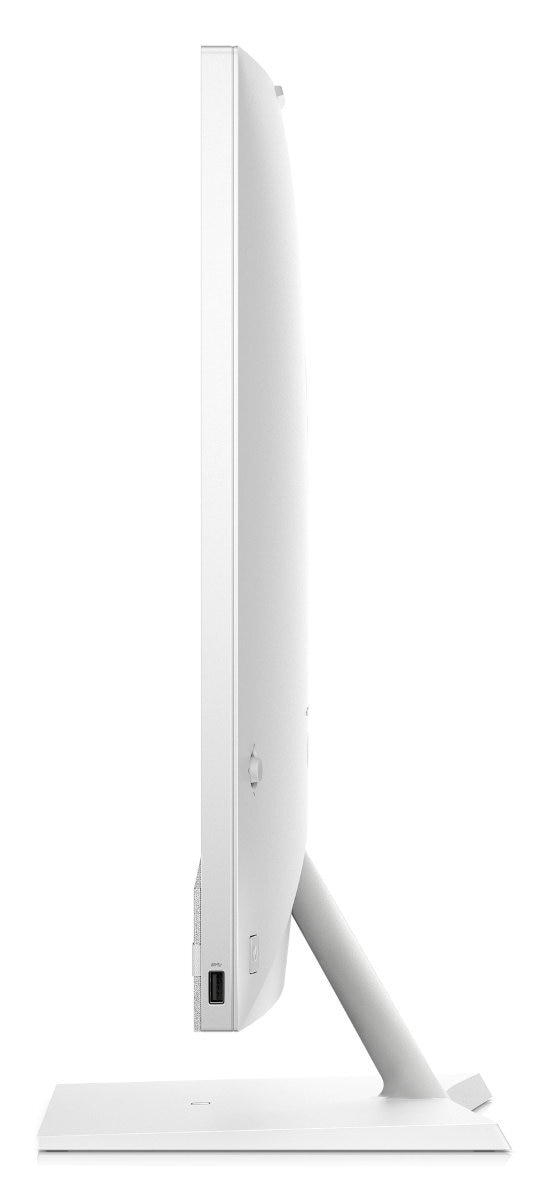 Biały monitor komputera w profilu, z portem USB widocznym z boku.