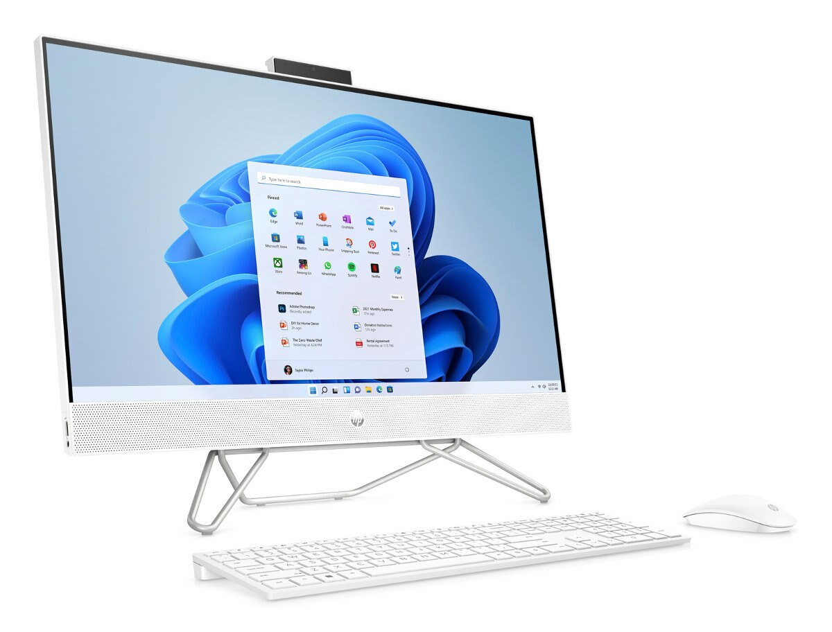 Komputer HP all-in-one z białą klawiaturą, myszką i kamerą internetową. Ekran Windows.