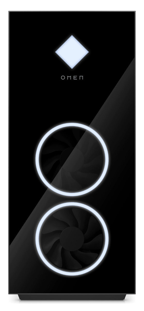 Czarna obudowa komputera z białym logo OMEN i białymi świecącymi okręgami wokół wentylatorów.