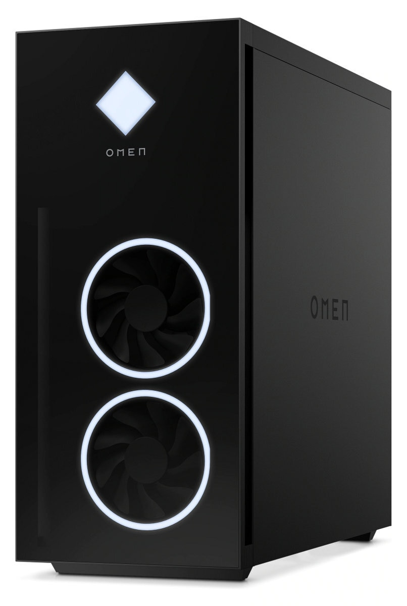 Czarny komputer do gier OMEN z dwoma wentylatorami i białym oświetleniem na białym tle.