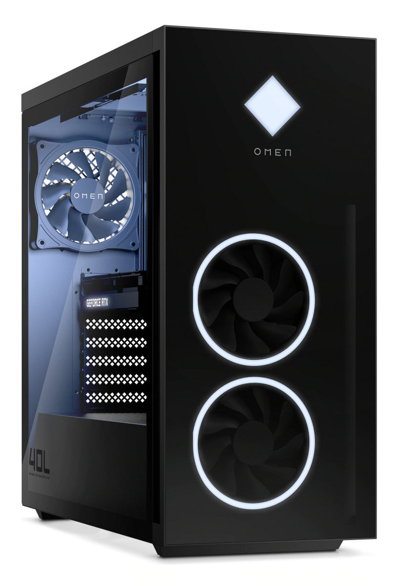 Czarna obudowa komputera ze szklanym panelem bocznym, logo OMEN i dwoma wentylatorami z białymi świecącymi okręgami.