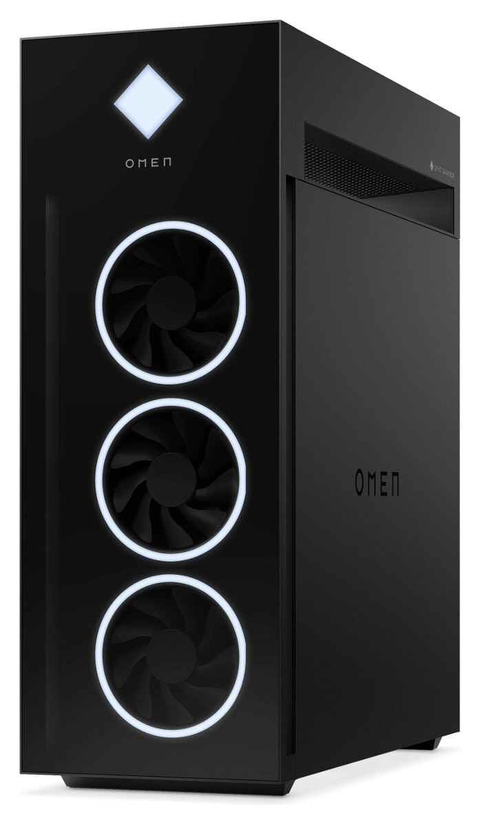 Czarna obudowa komputera stacjonarnego z trzema białymi wentylatorami, logo OMEN.