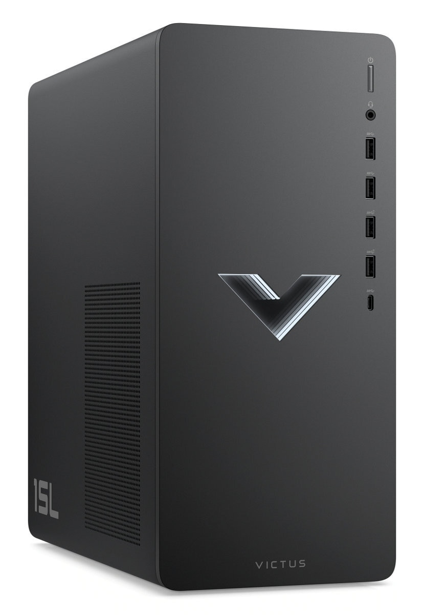 Czarna obudowa komputera stacjonarnego z białym logo V. Posiada porty USB i inne połączenia z boku. 'VICTUS' poniżej.