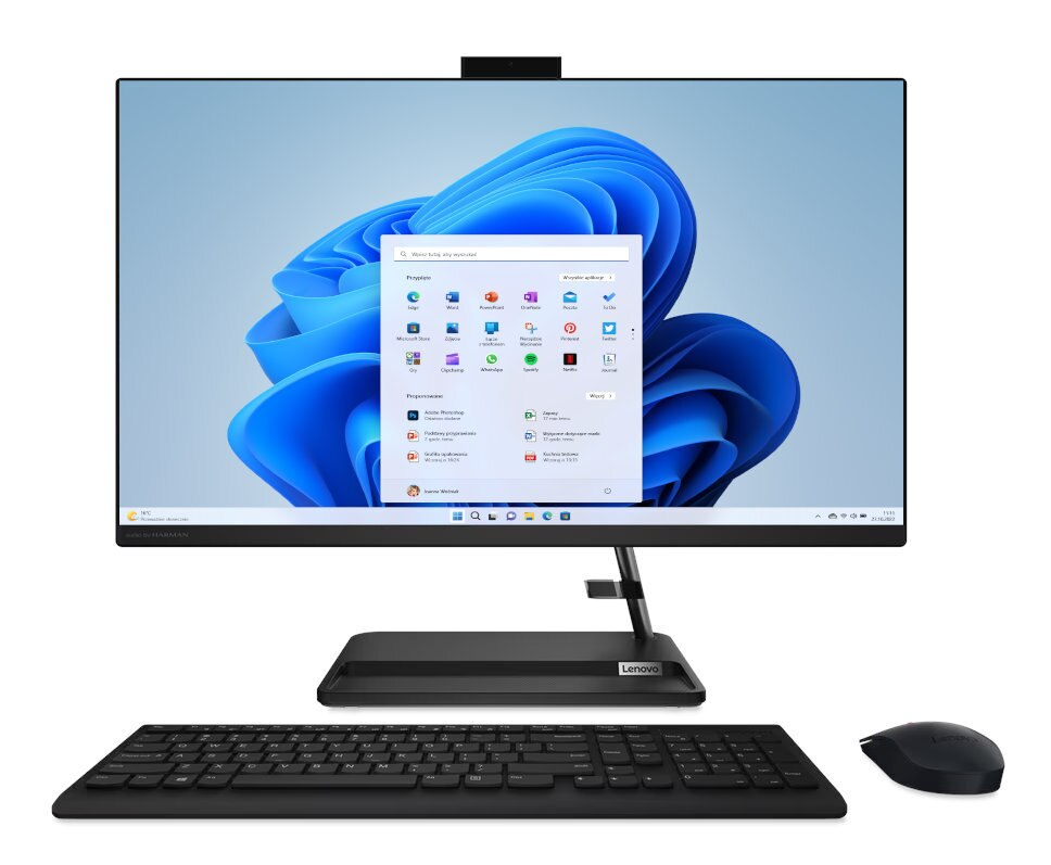 Komputer Lenovo all-in-one z klawiaturą, myszą i interfejsem Windows 11.