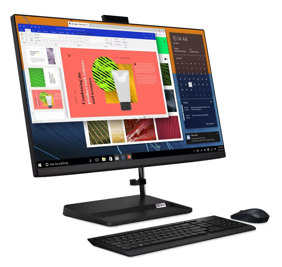 Komputer Lenovo all-in-one z ekranem wyświetlającym dokument i kalendarz. Klawiatura i mysz obecne.