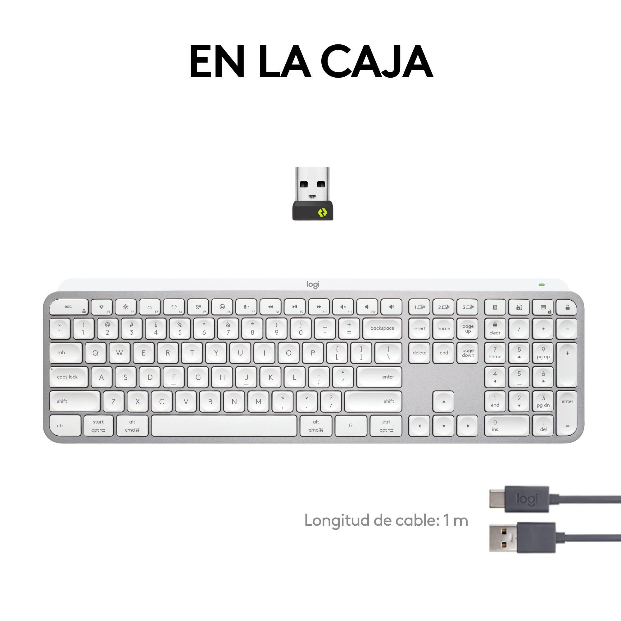 Teclado y accesorios sobre blanco, con texto 'EN LA CAJA'. Cable mostrado.