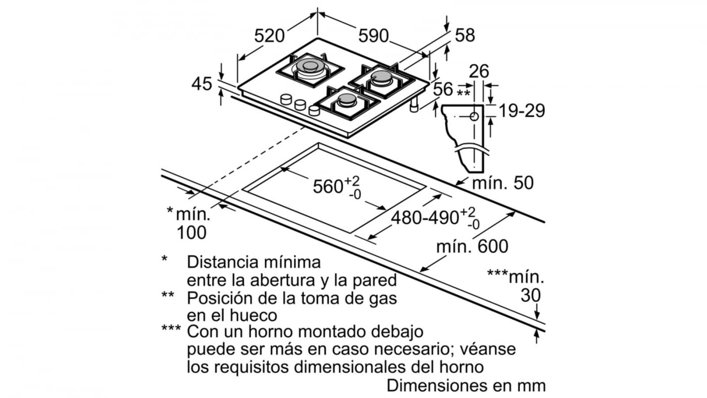 Diagrama de una placa de gas con dimensiones en mm.