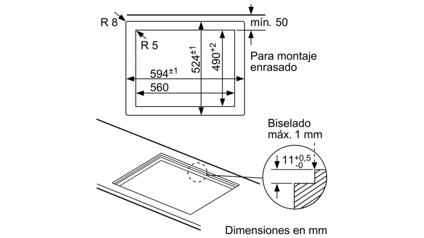 Diagrama con dimensiones y medidas. Vista superior de un cuadrado, con vista detallada.