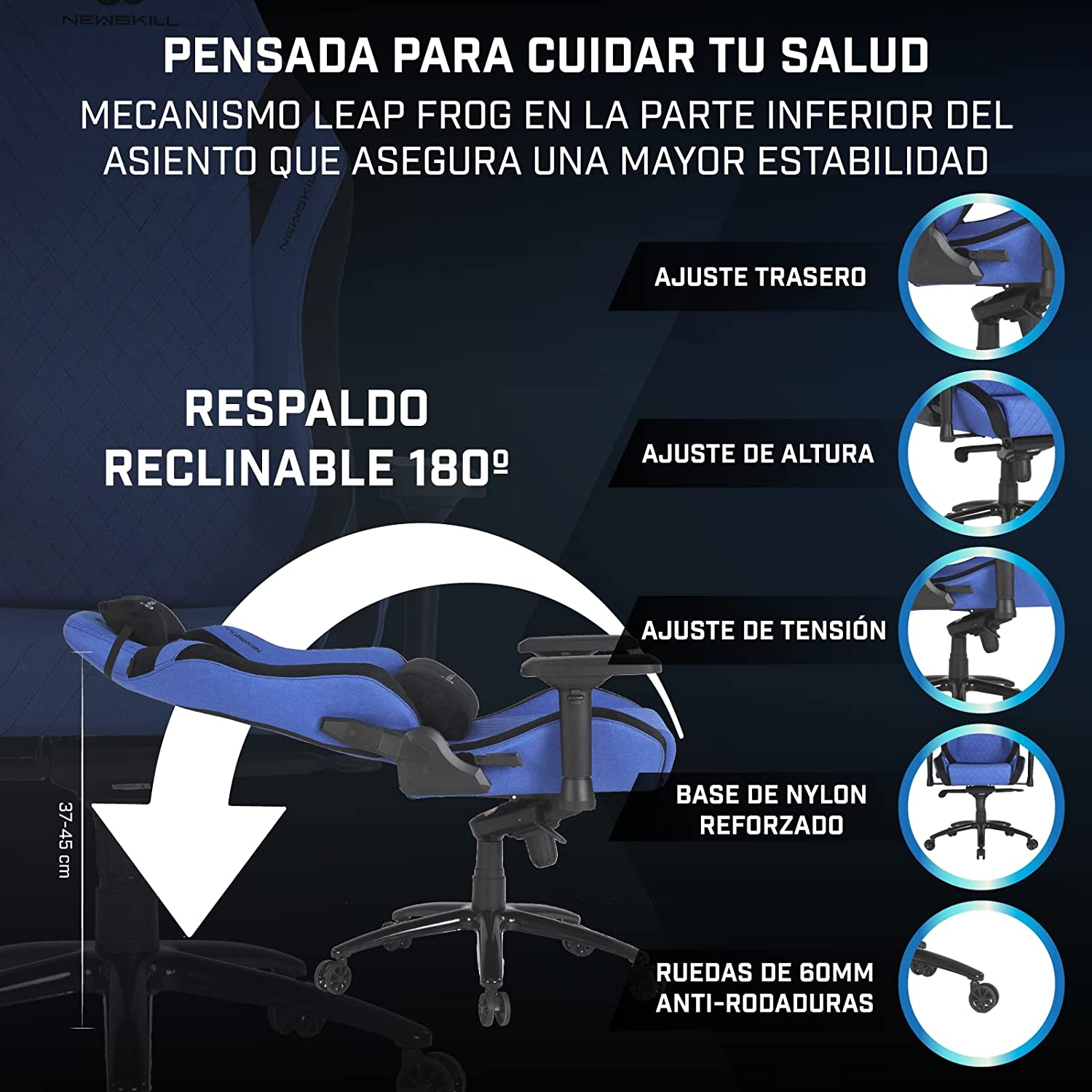 Una silla de oficina azul y negra que muestra partes ajustables, diagrama con texto en español.