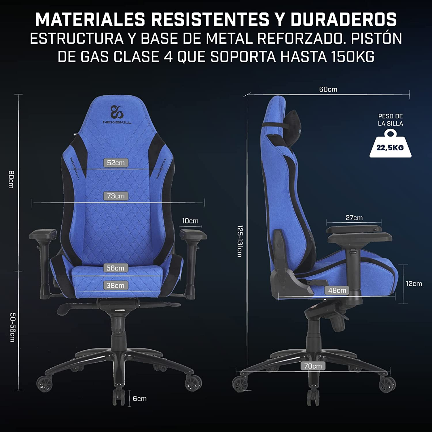 Silla gaming azul con medidas. Marco negro, tela azul, texto blanco.