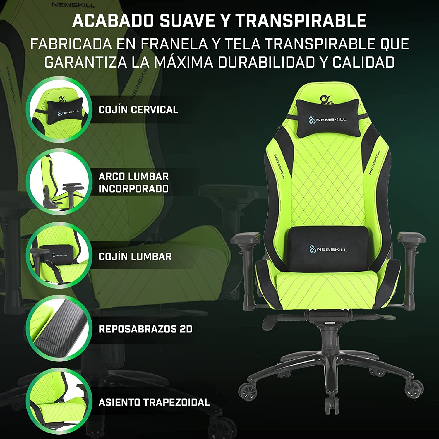 Silla gaming con detalles verdes y negros. Etiquetas resaltan características: soporte lumbar, reposacabezas y reposabrazos.