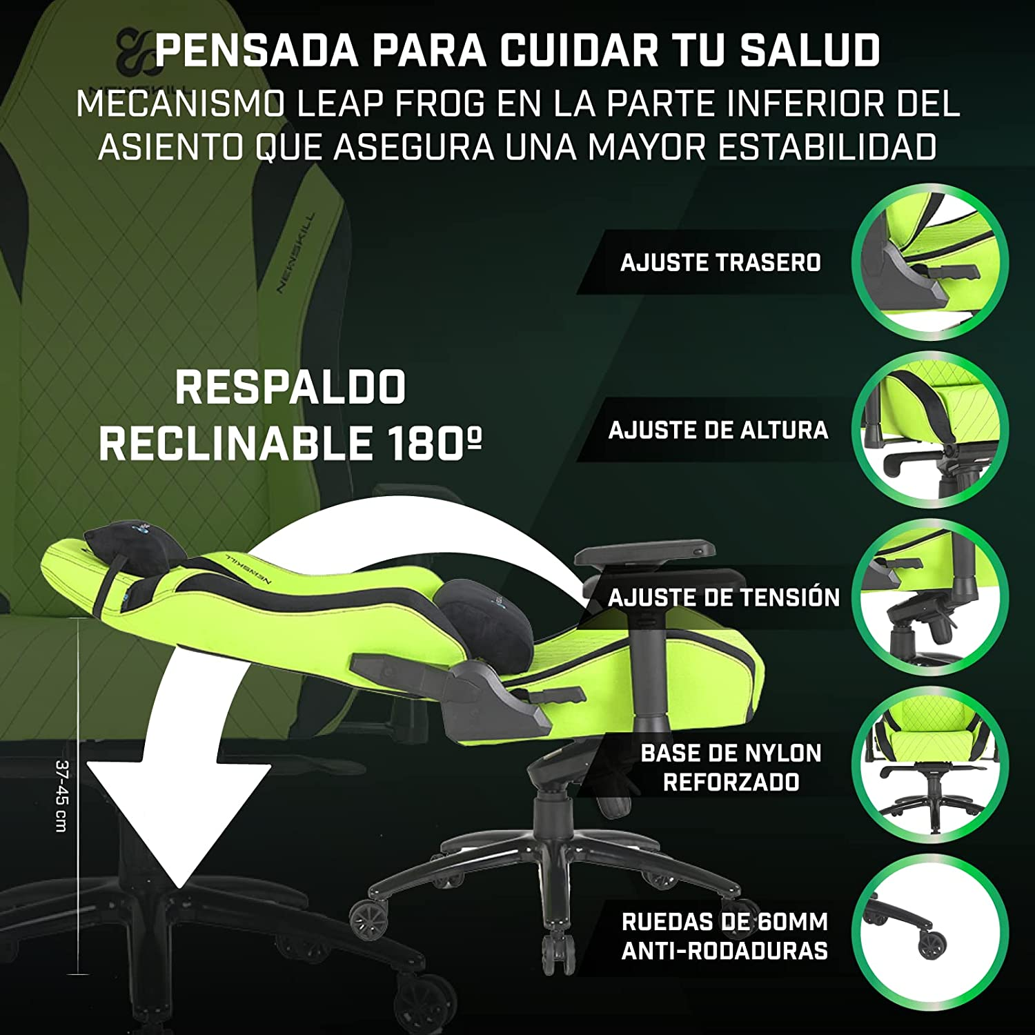 Diagrama de una silla gaming verde con puntos de ajuste resaltados. Texto en español describe características y ajustes.