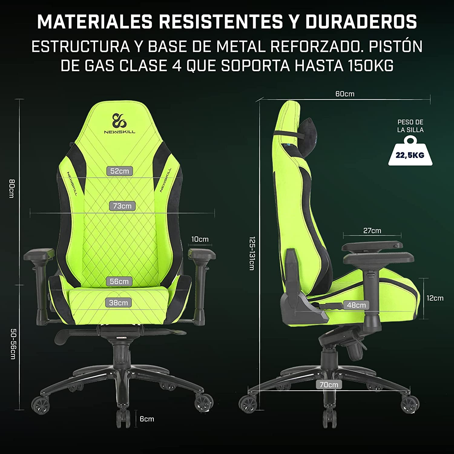 Silla gamer verde y negra con dimensiones. Tiene respaldo alto y reposabrazos.
