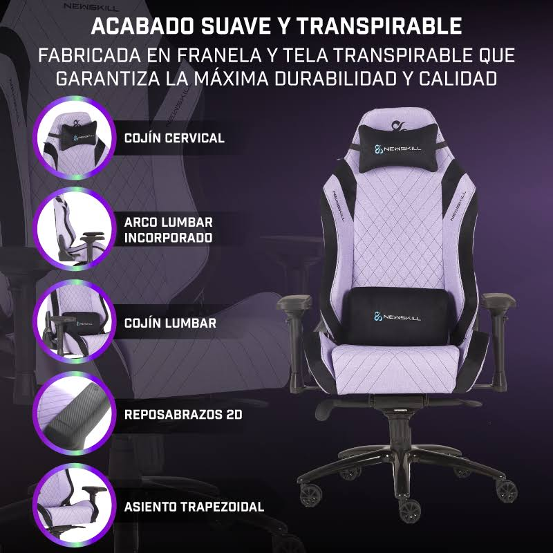 Silla gaming morada y blanca con diagramas que ilustran características como reposacabezas, soporte lumbar y reposabrazos.