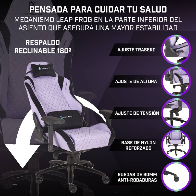 Silla gaming morada y negra. Detalles incluyen ajustes y un reposacabezas.