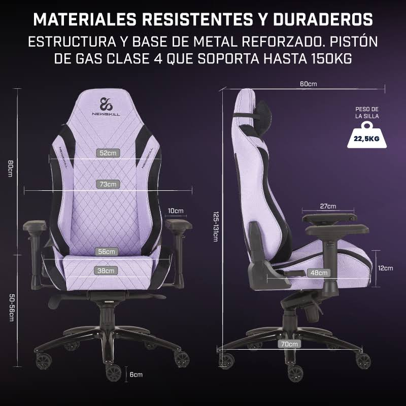 Una silla gamer morada y negra con dimensiones. Tiene respaldo alto y reposabrazos.