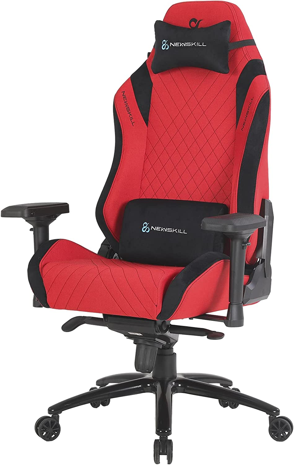 Silla gaming roja y negra con reposacabezas y soporte lumbar. Base negra con ruedas.