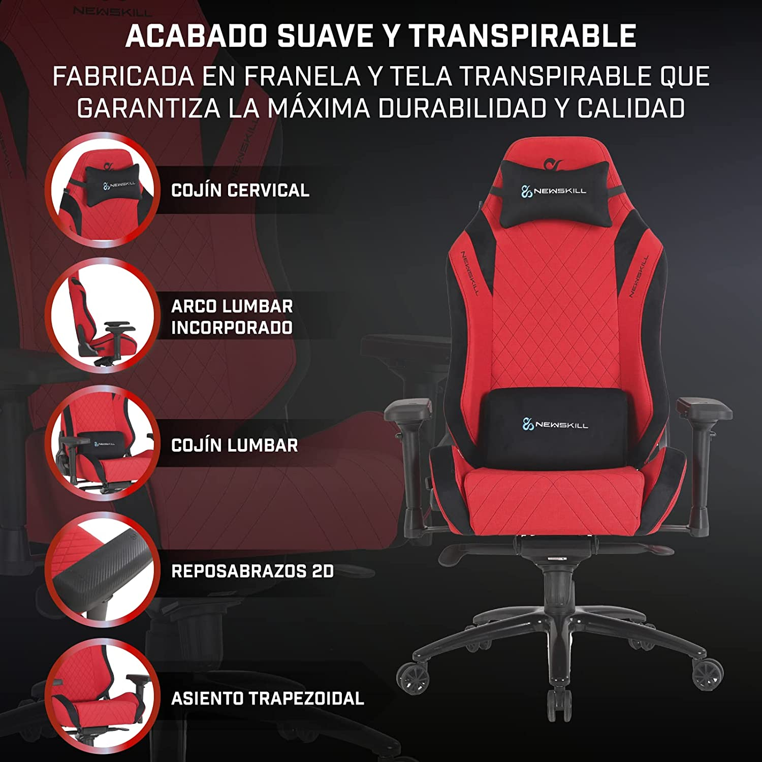 Silla gaming roja y negra con costuras de diamante. Características: cuello, soporte lumbar y reposabrazos.