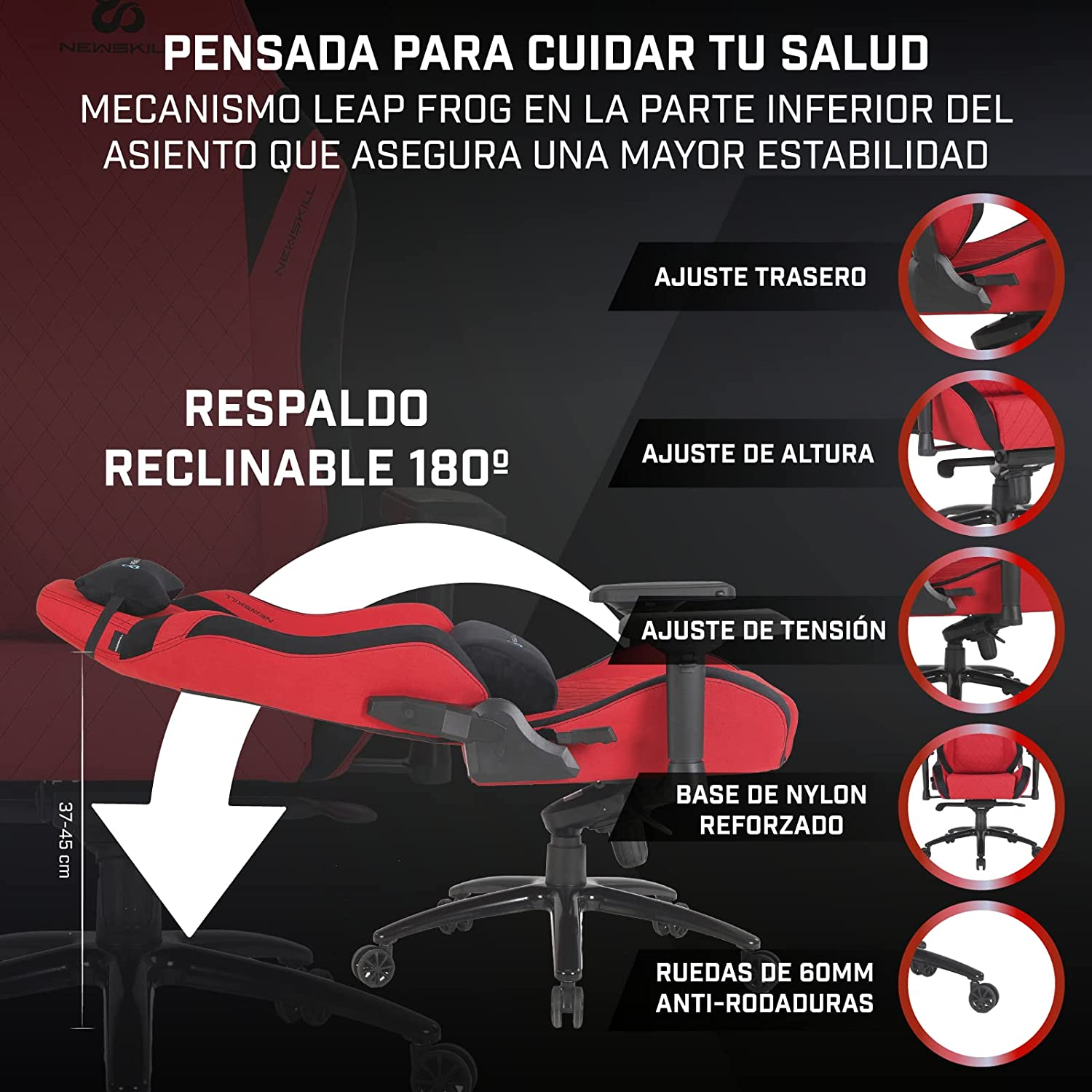 Silla gamer roja con partes ajustables. Texto destaca características como respaldo reclinable y base nylon.