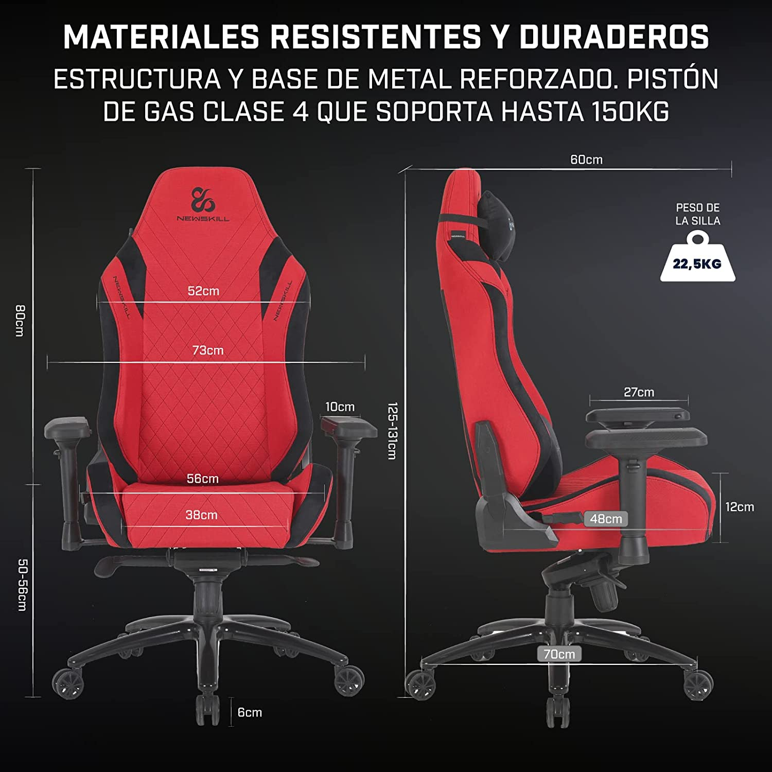 Una silla gamer roja y negra con dimensiones etiquetadas. La silla está sobre una base negra con ruedas.