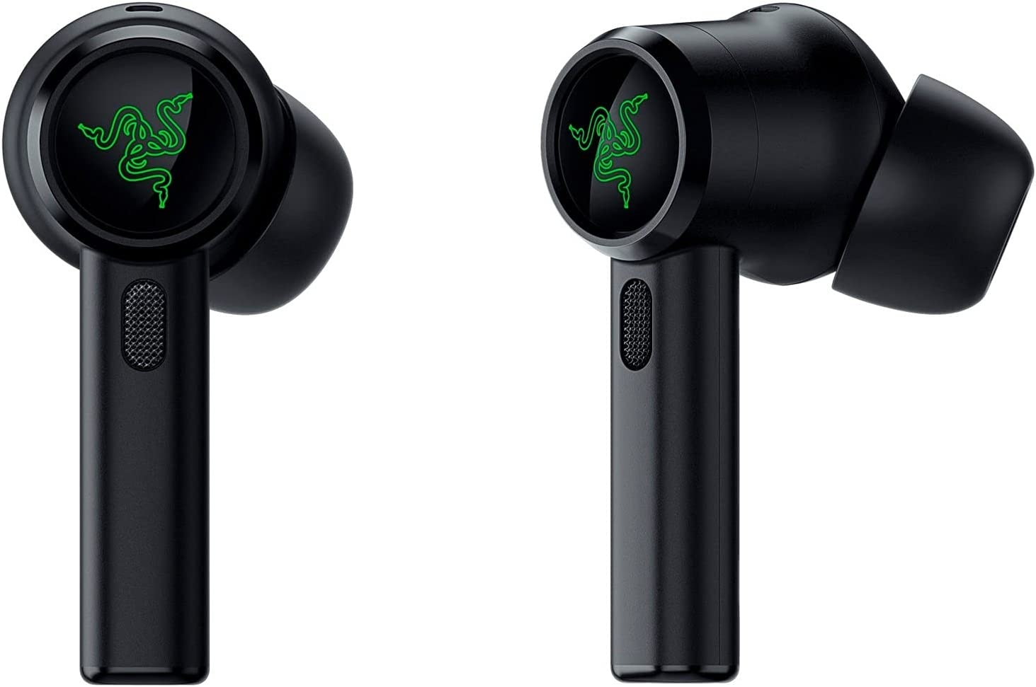 Dos auriculares Razer negros, vista lateral, sobre un fondo blanco.