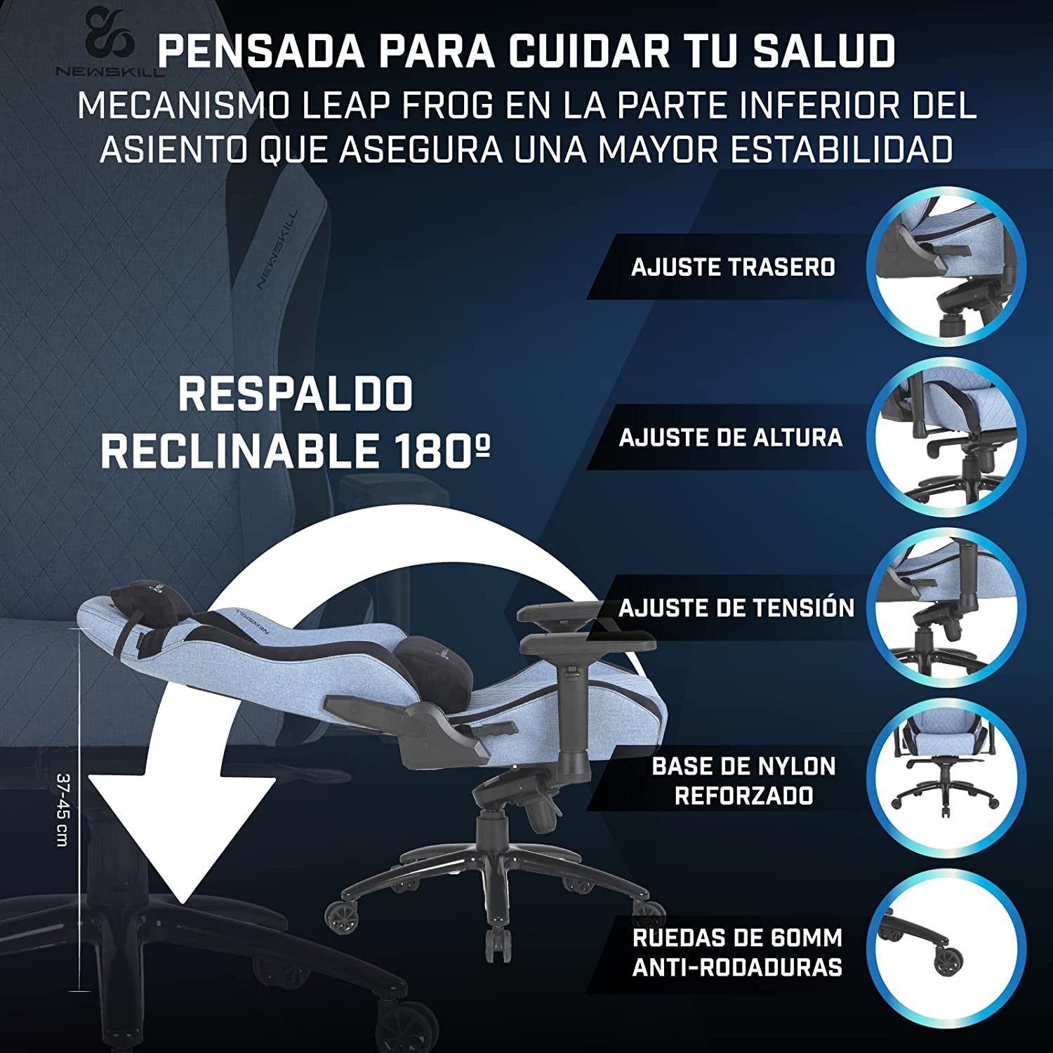 Una silla ergonómica con respaldo reclinable y opciones de ajuste, con un diagrama.