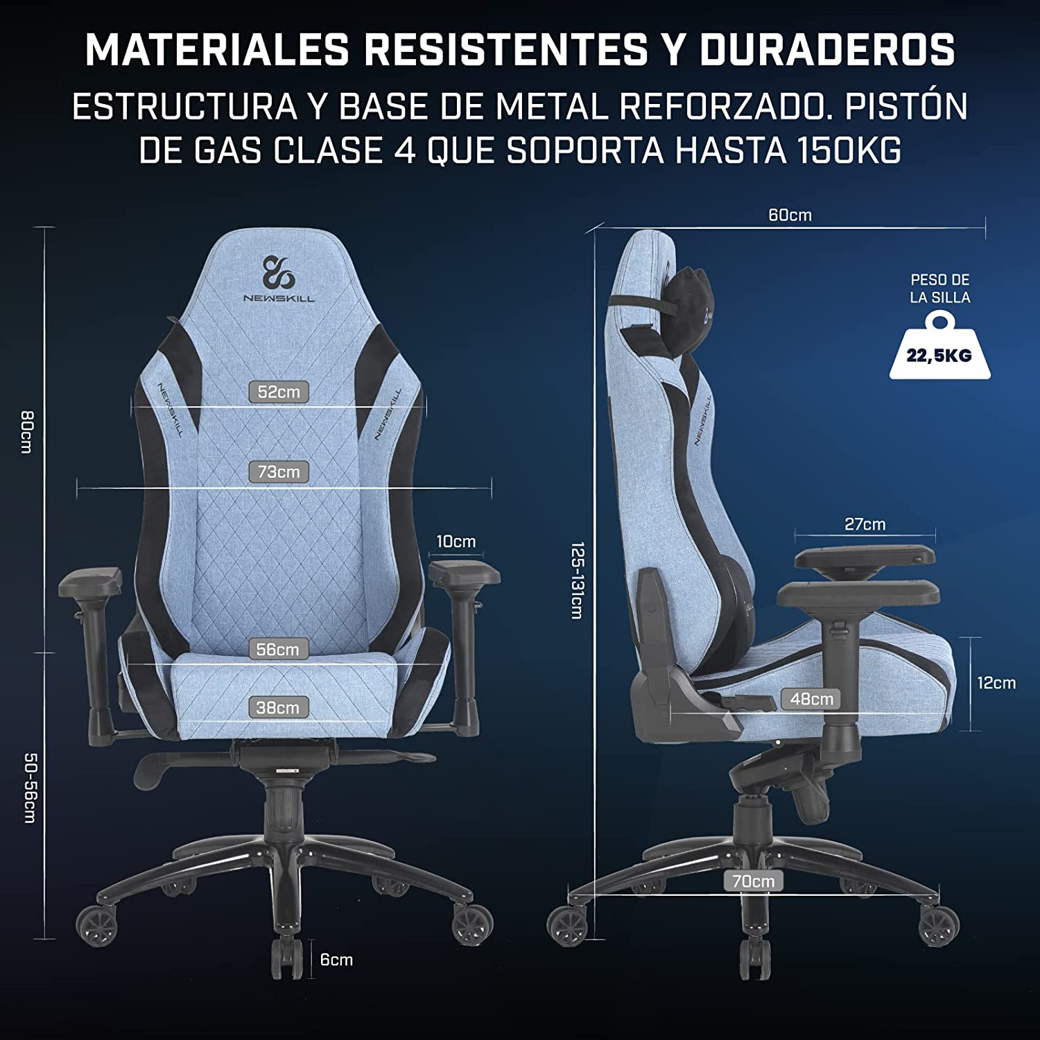 Diagrama de una silla gaming con dimensiones y texto sobre materiales y características.