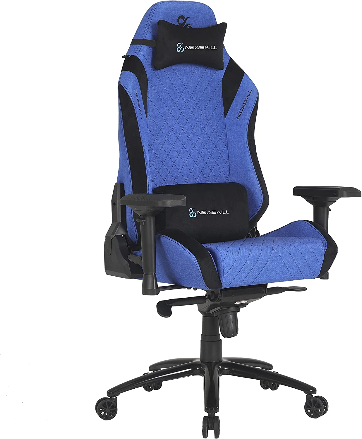 Silla gaming azul y negra con reposacabezas y soporte lumbar.