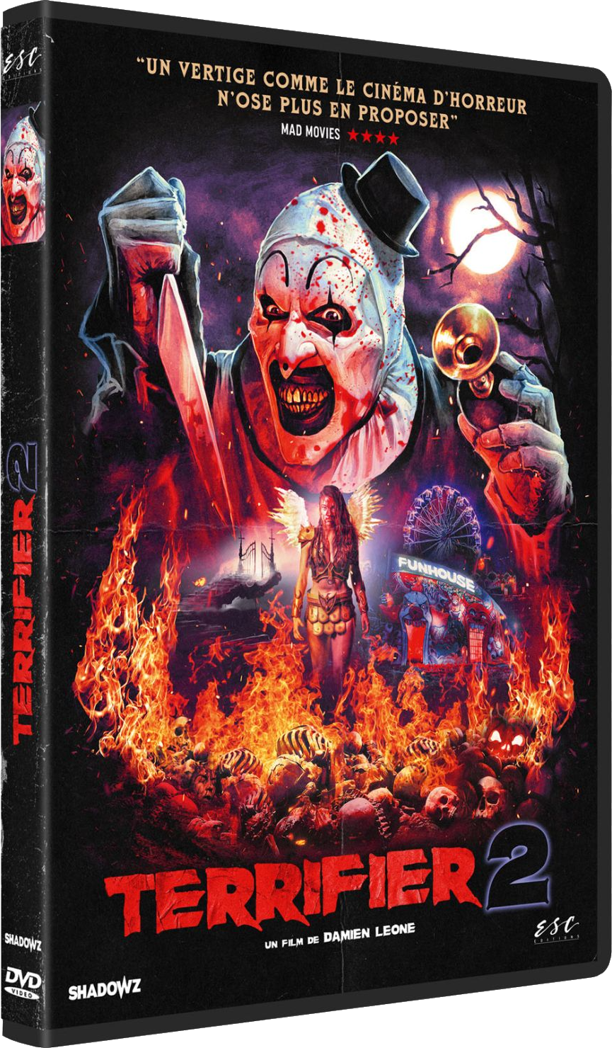Jaquette DVD : Terrifier 2. Clown avec couteau, fond de feu et maison de fête foraine.