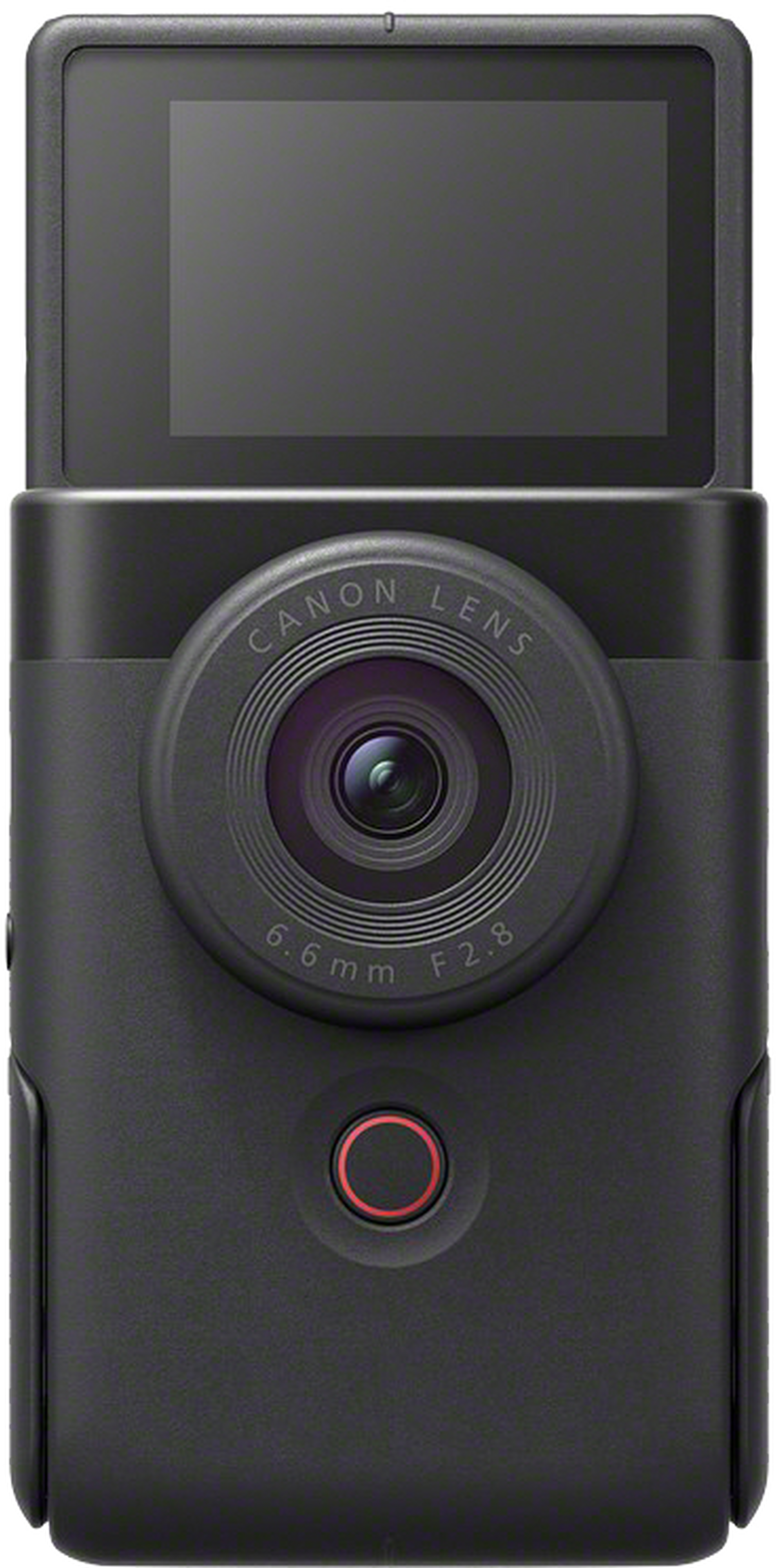 Un appareil photo Canon noir. Il a un objectif avec des spécifications de 6,6 mm F2,8. Un bouton rouge en bas. L'écran est en haut.