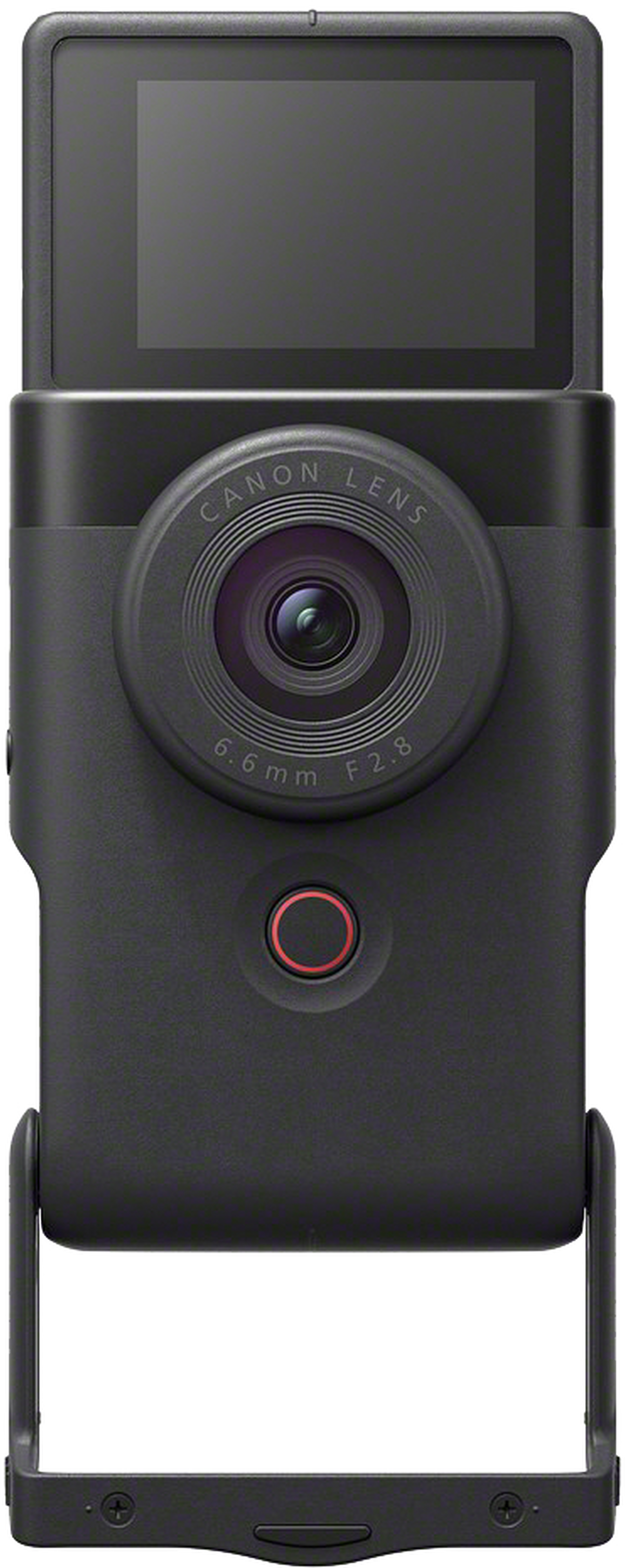 Une caméra Canon noire avec un objectif, un écran et un bouton rond rouge. Elle a un support en bas.