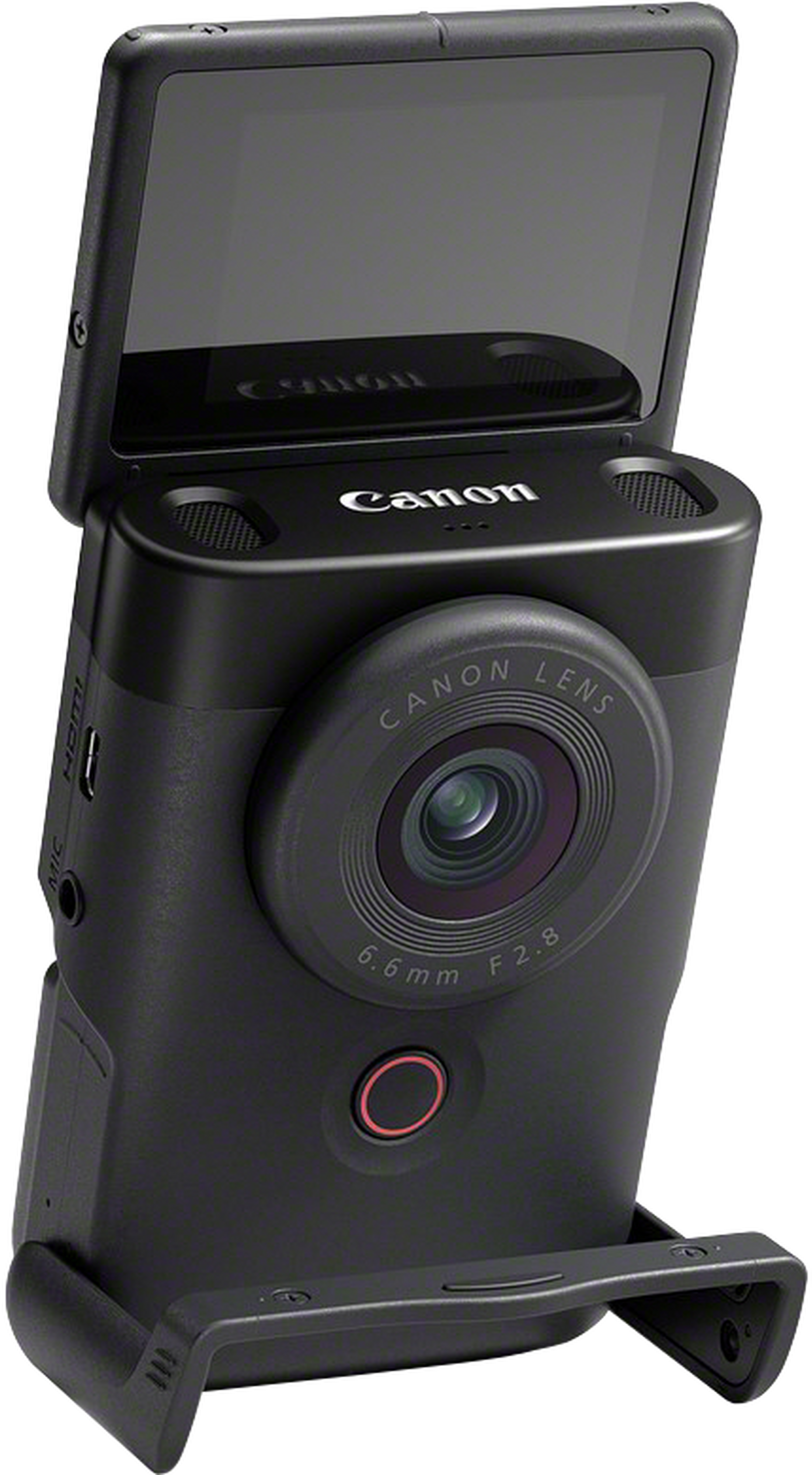 Caméra Canon noire avec écran rabattable. Elle a un objectif, un bouton d'enregistrement rouge et la marque Canon.