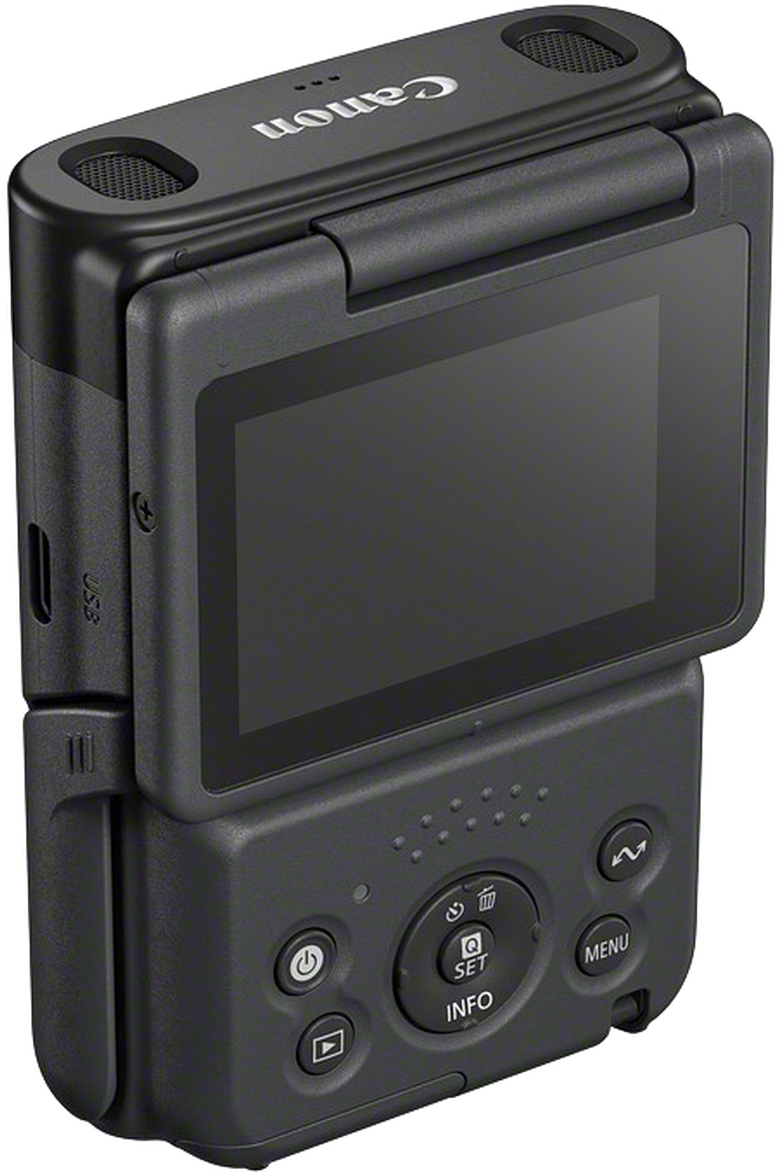 Appareil photo Canon noir avec écran, boutons et port USB. L'écran est ouvert. Canon est écrit en haut.