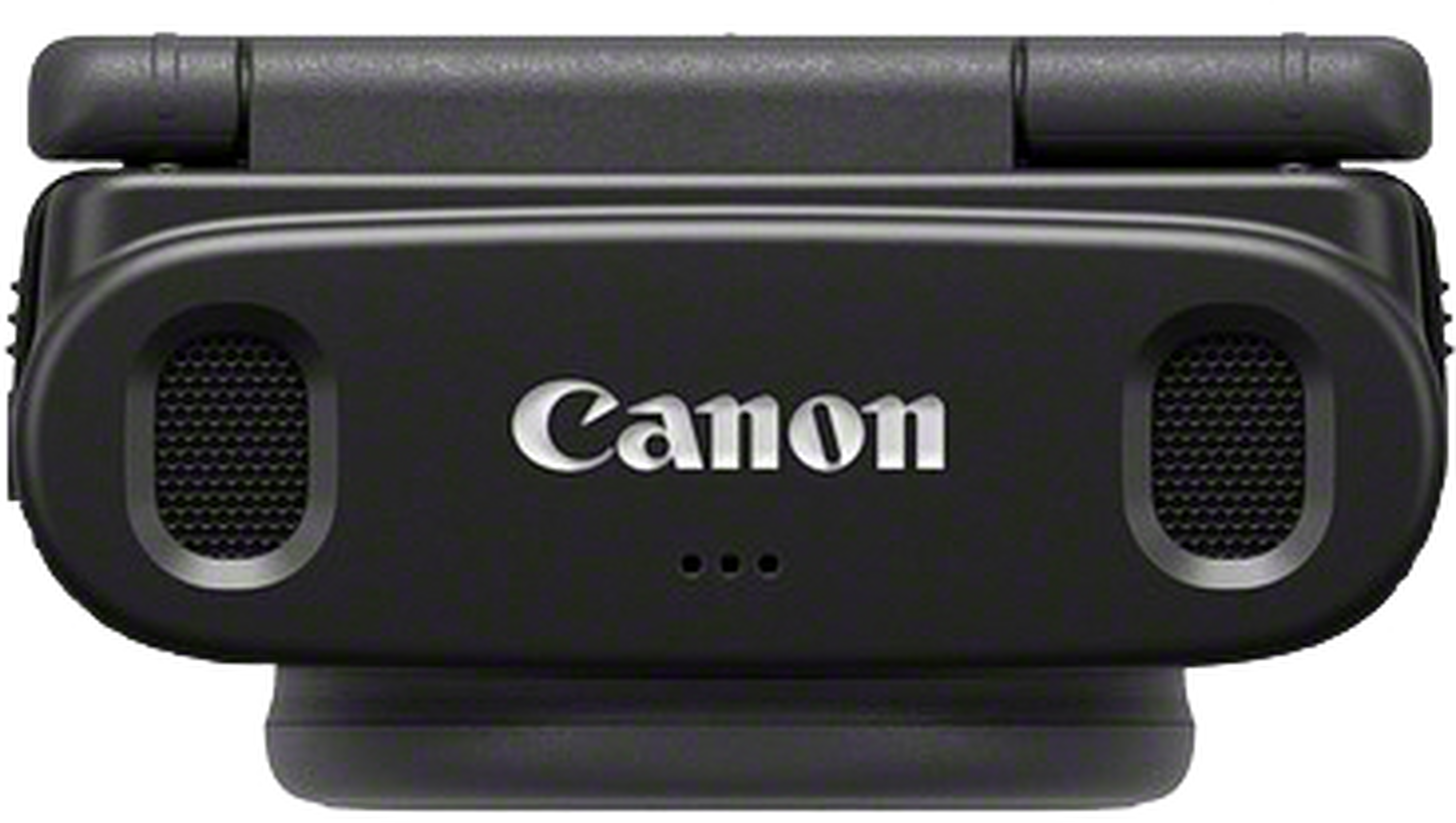 Un appareil Canon noir. Il porte le logo Canon en blanc. Il possède deux grilles de type haut-parleur et trois petits trous.