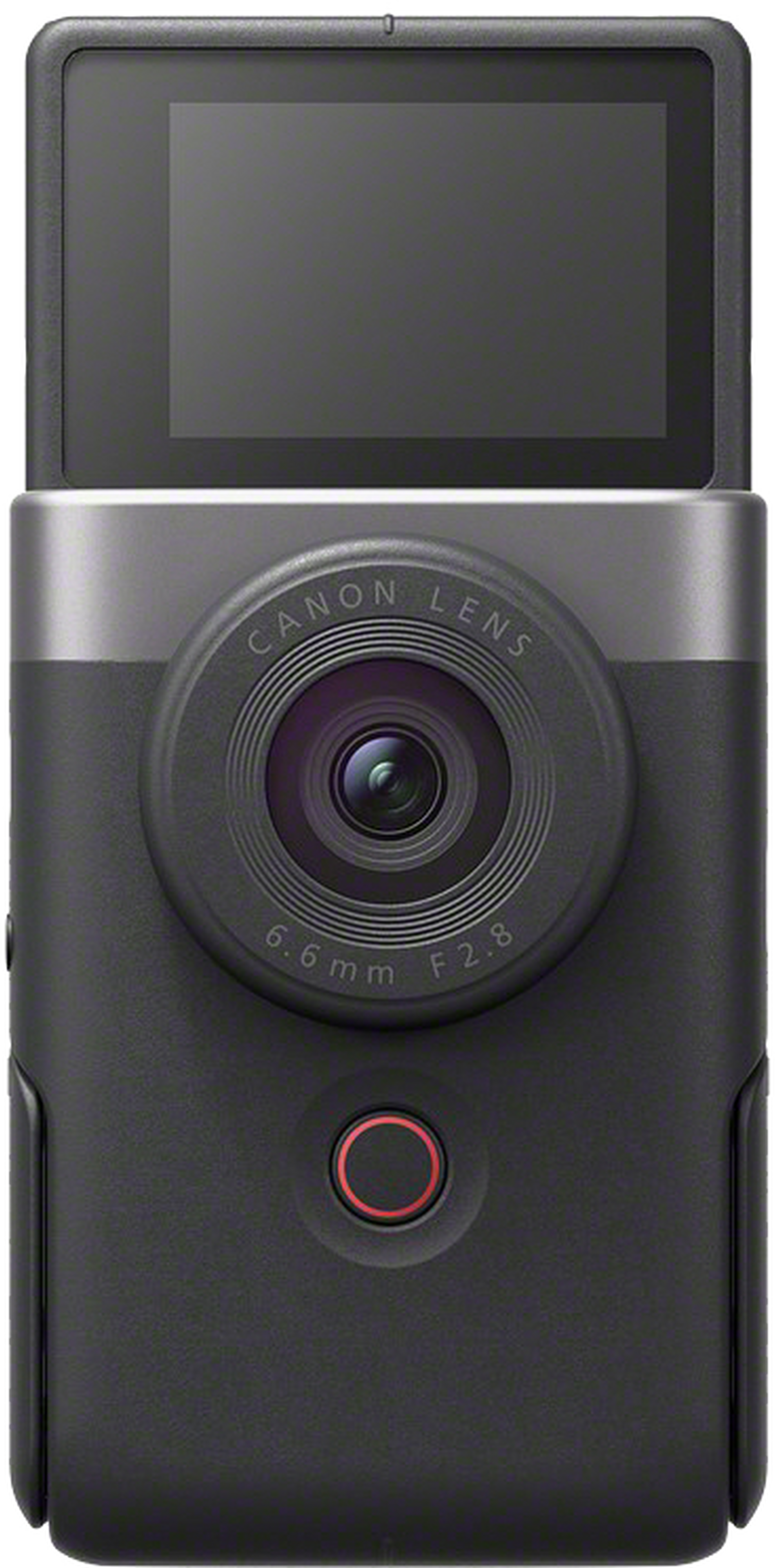 Appareil photo Canon noir. Objectif central, bouton rouge en bas. Écran ouvert en haut.