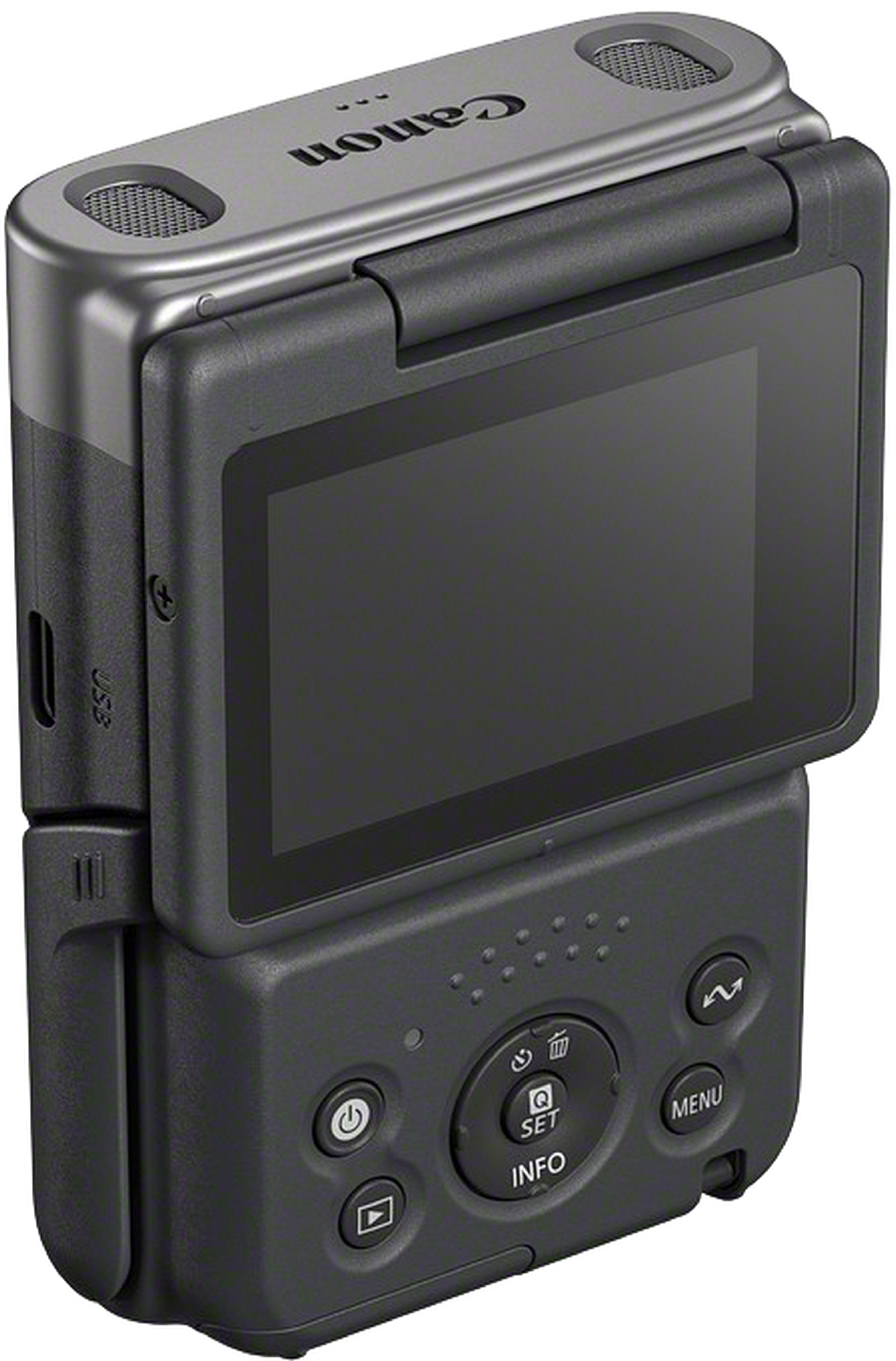 Un appareil photo Canon noir et gris avec écran rabattable et boutons de commande.