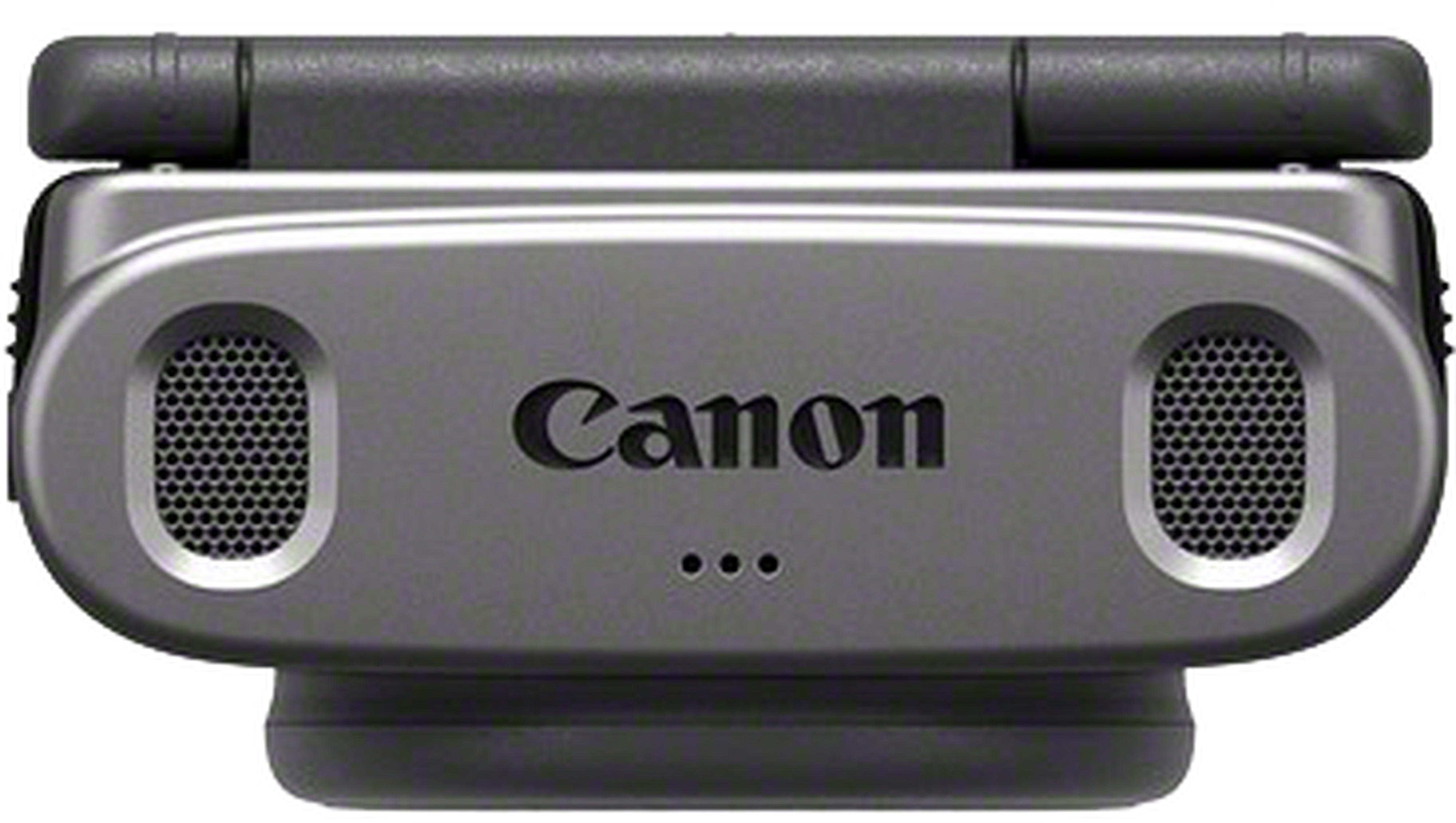 Microphone Canon. Gris, de forme ovale, avec deux trous de microphone et le logo Canon centré.