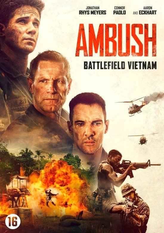 Affiche du film Ambush: Battlefield Vietnam. Hommes en uniformes militaires avec explosions et hélicoptères.