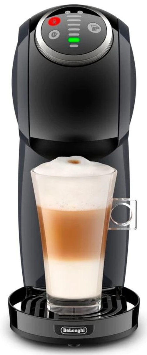 Cafetera negra con un vaso de latte. La máquina tiene una luz roja y verde.