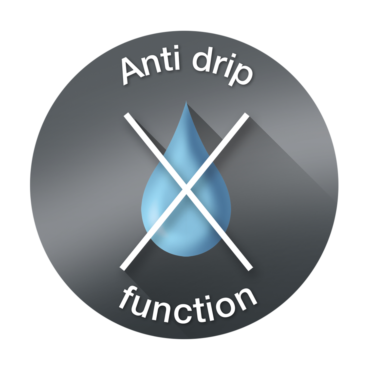 An anti-drip icon, a blue water drop with a white X, on a dark grey circle.