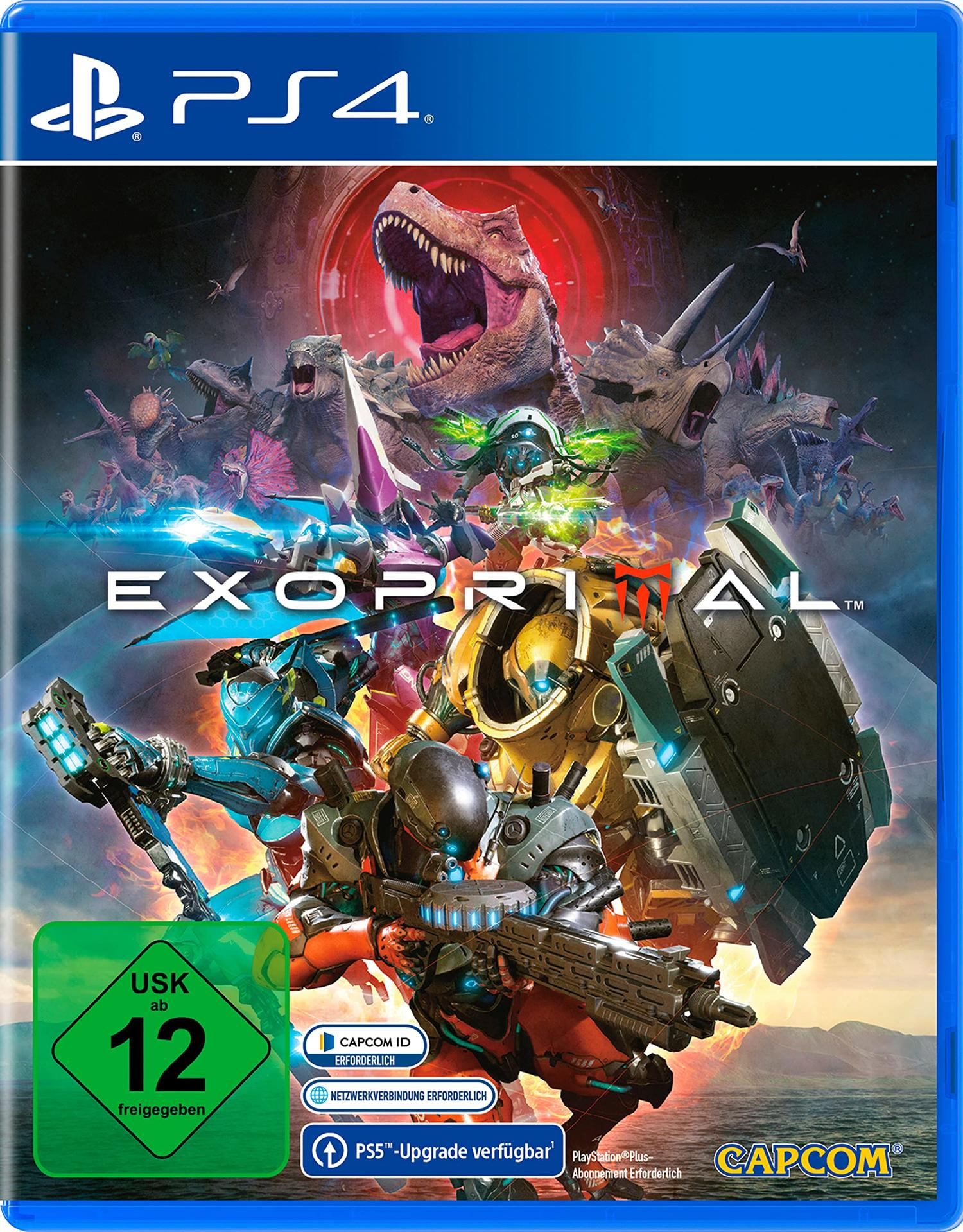 PS4-Spielhülle mit Dinosauriern und futuristischen Soldaten, die kämpfen. Das Spiel heißt Exoprimal.
